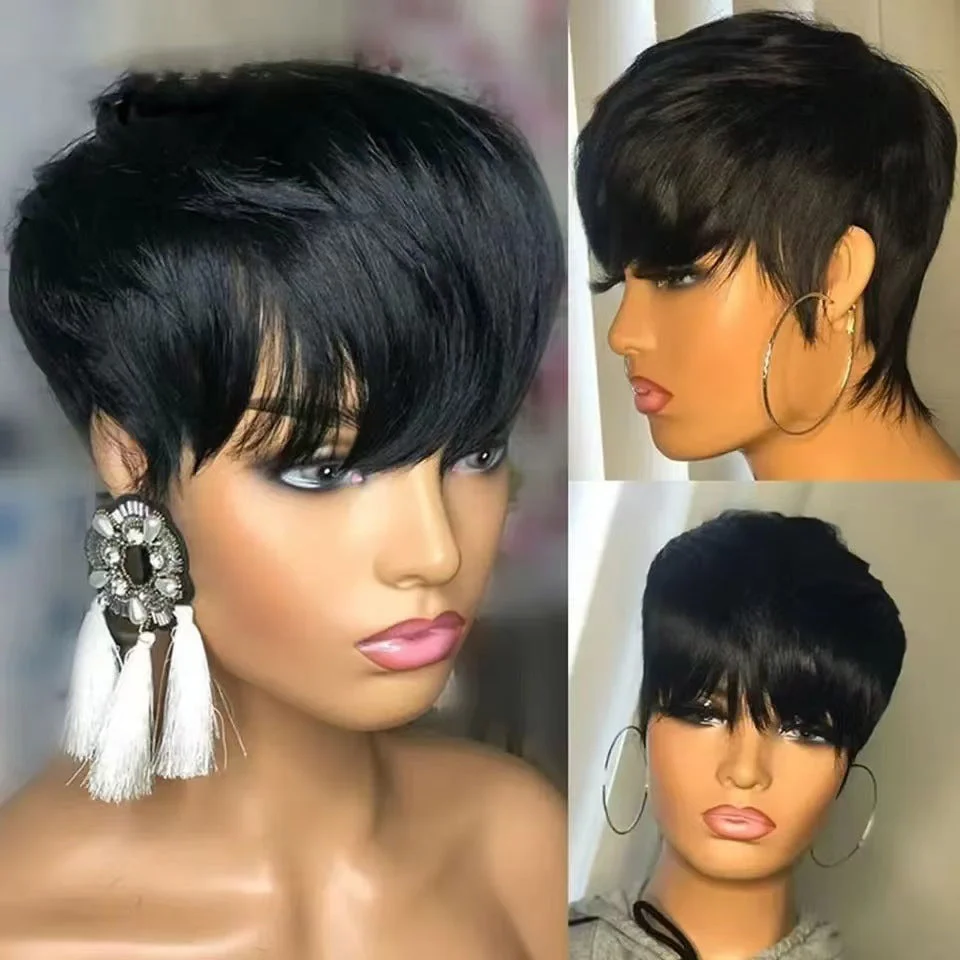 Short Straight Wig Short Hair Head Cover Real Human Hair