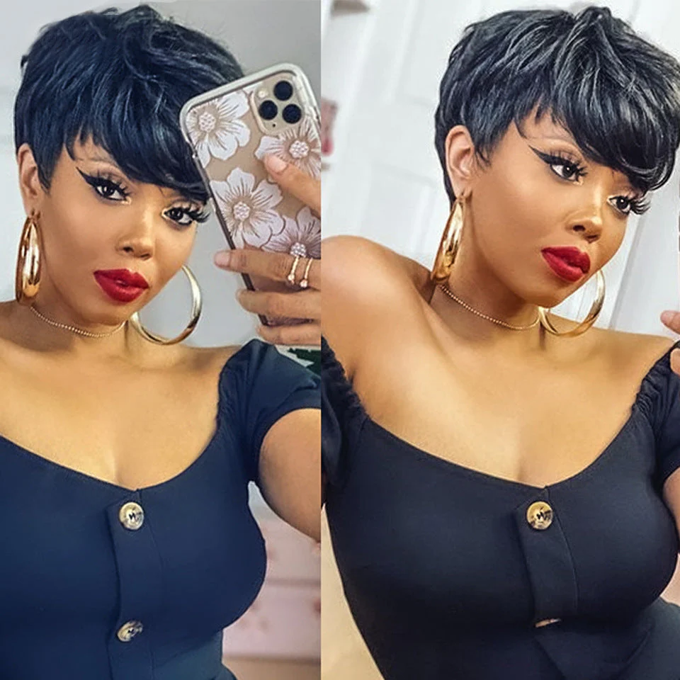 Short Wavy Pixie Cut Full Machine Made Human Hair Wigs - Image 2