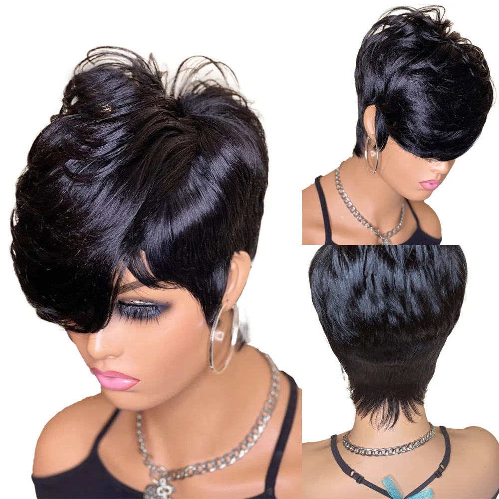 Short Wavy Pixie Cut Full Machine Made Human Hair Wigs - Image 3