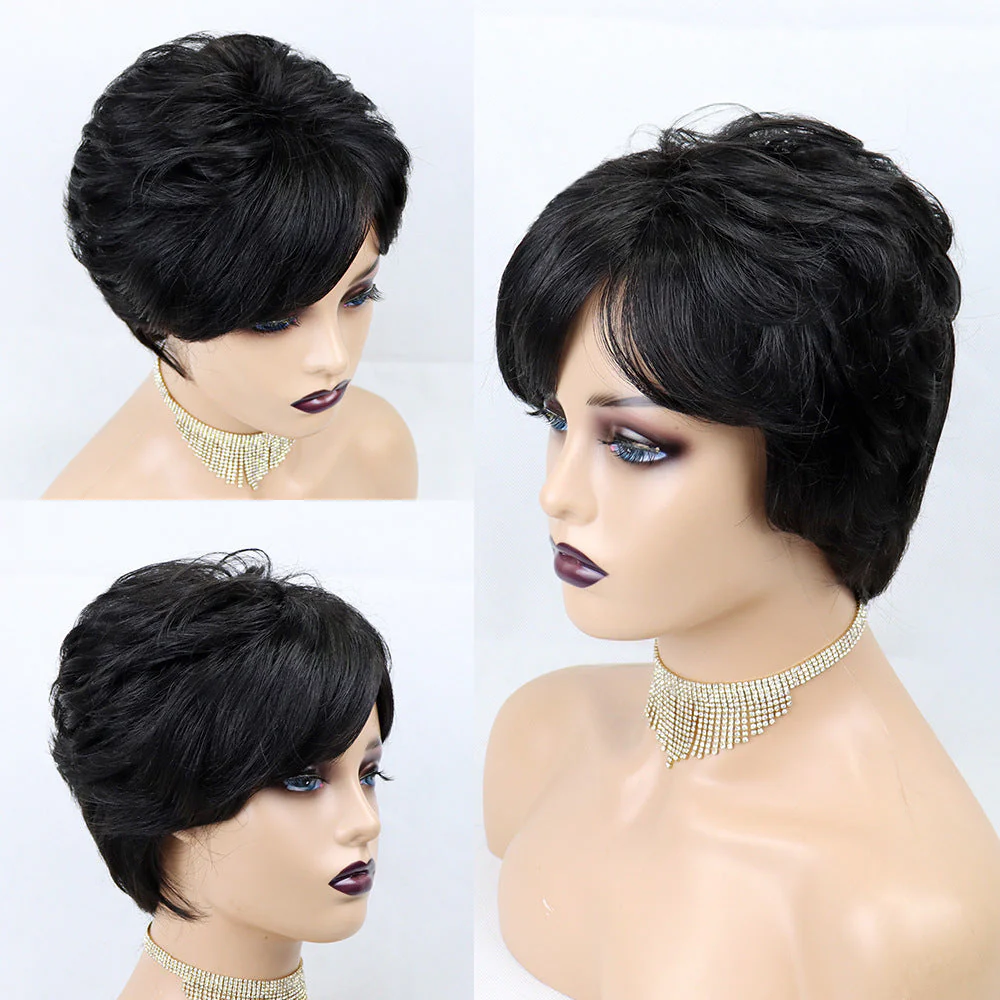 Short Wavy Pixie Cut Full Machine Made Human Hair Wigs - Image 4