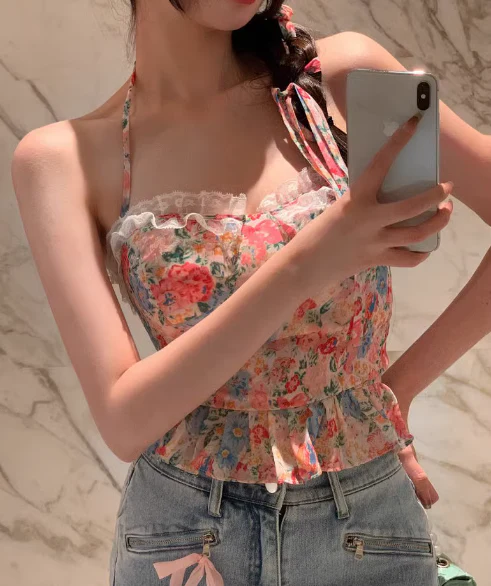 Shoulder Tying Pastel Printed Ruffled Top - Image 4