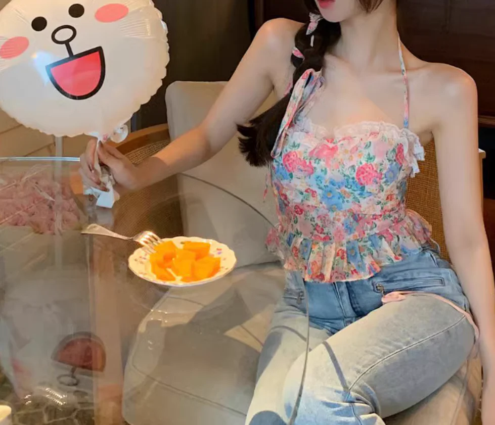 Shoulder Tying Pastel Printed Ruffled Top - Image 6