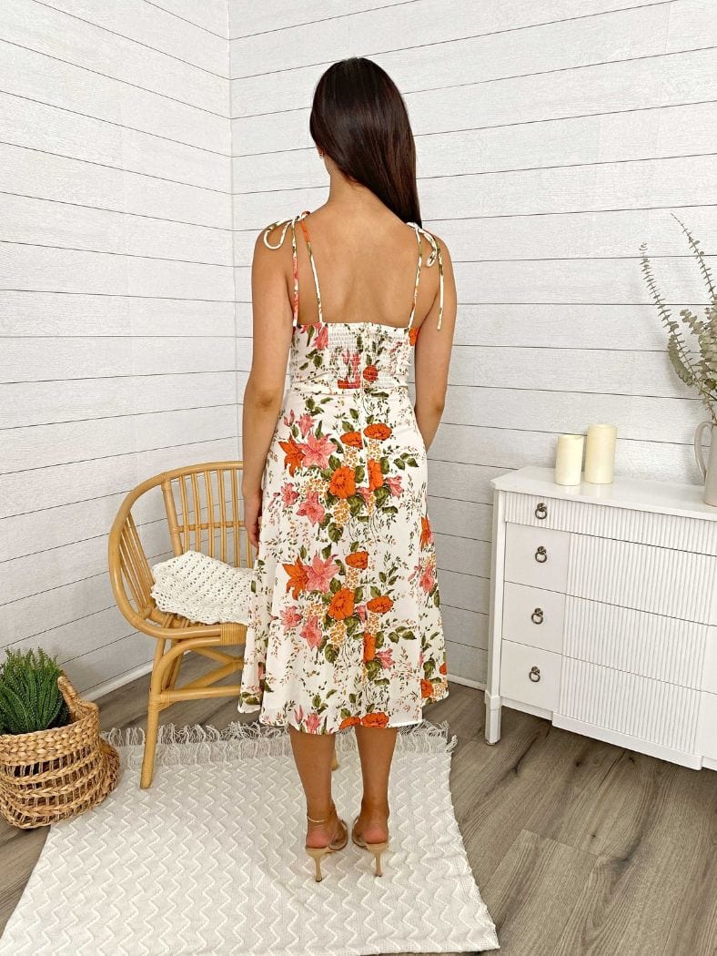 Shoulder Tying Sweetheart Floral Printed Leg Slit Midi Dress - Image 2