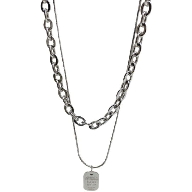 Silver Layered Chain Necklace with Silver Plate - Image 3