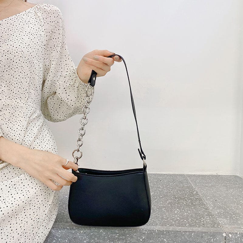 Simplistic Faux Leather Shoulder Bag with Half Chain Strap - Image 2