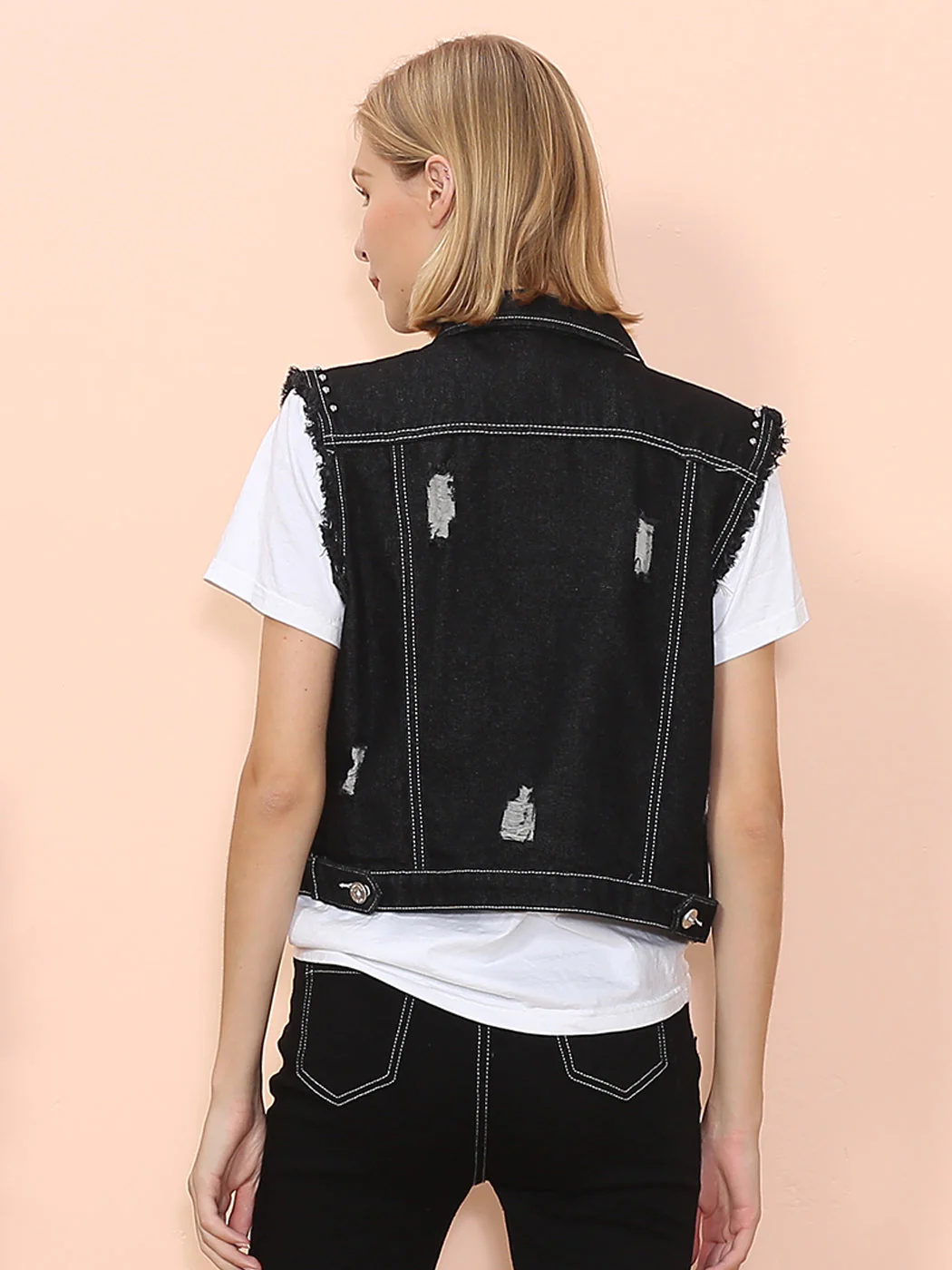 Sleeveless Distressed Denim Jean Jacket Vest - Image 10