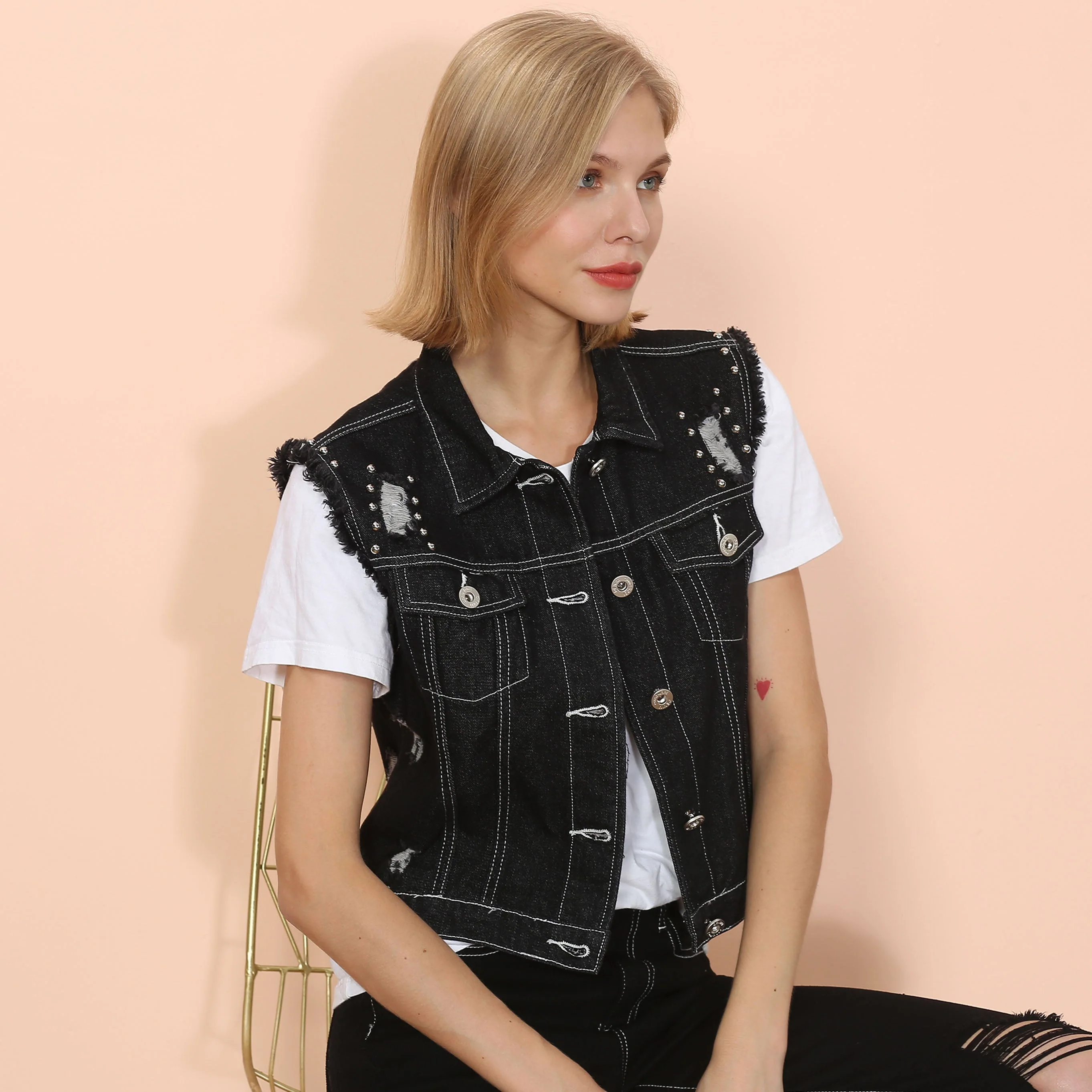 Sleeveless Distressed Denim Jean Jacket Vest - Image 18