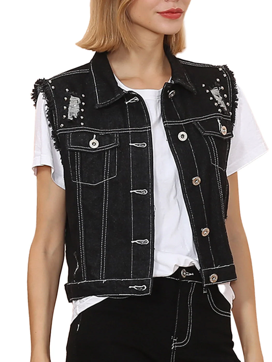 Sleeveless Distressed Denim Jean Jacket Vest - Image 8