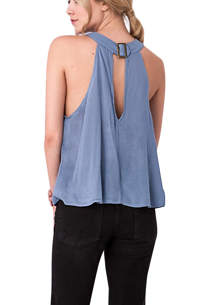 Sleeveless Halter Neck Top with Twist and Buckle - Image 7