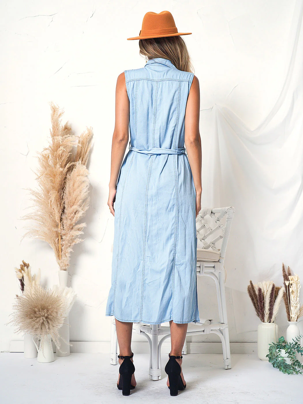 Sleeveless Jean Dress Tied Waist Collar Pocket Denim Dress - Image 2