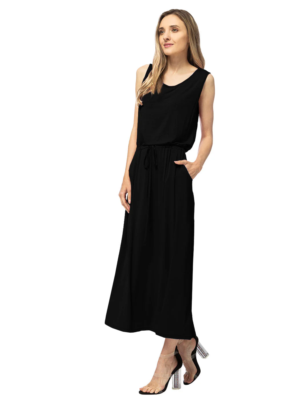 Sleeveless Maxi Length Drawstring Dress - Image 3