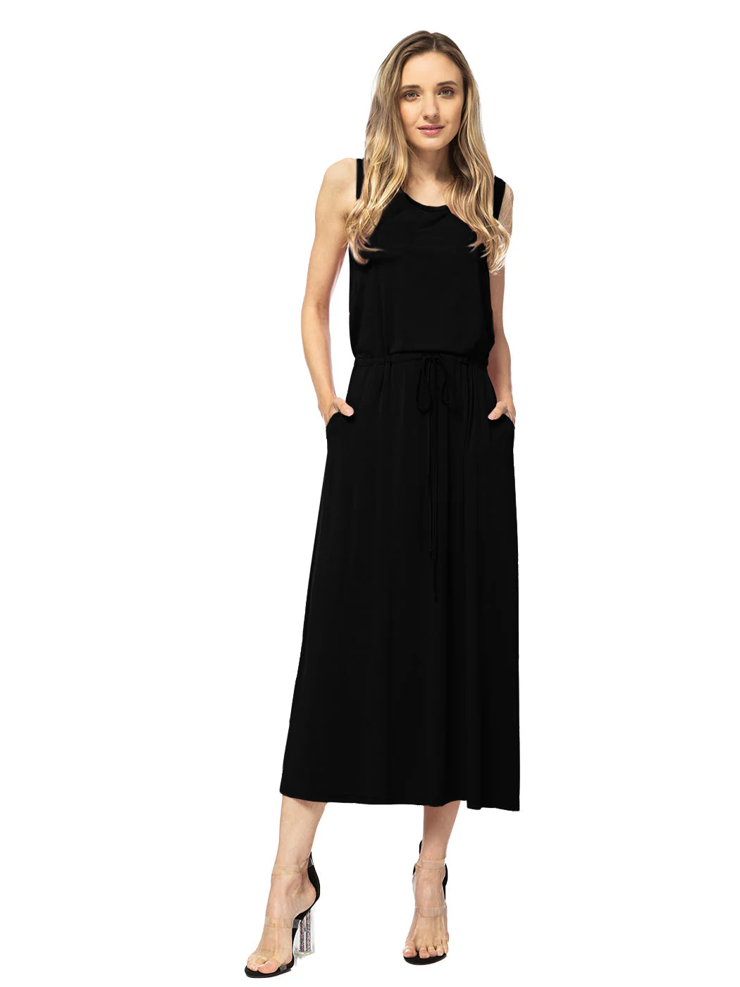 Sleeveless Maxi Length Drawstring Dress - Image 4