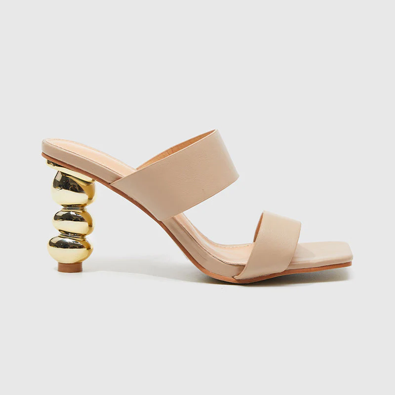 Square Toe Gourd Heeled Sandals Beige - Image 2