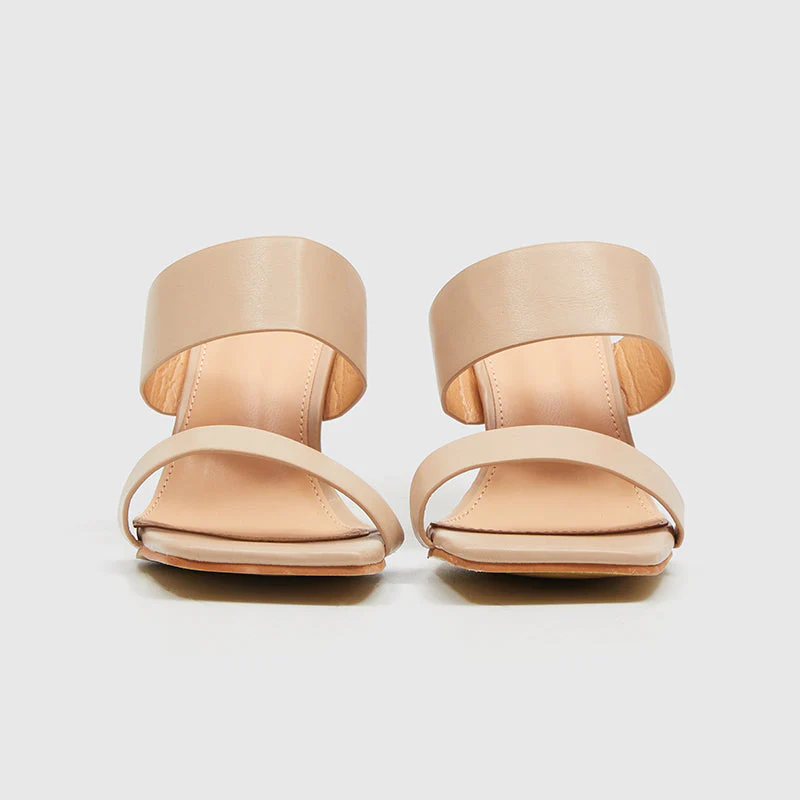 Square Toe Gourd Heeled Sandals Beige - Image 3