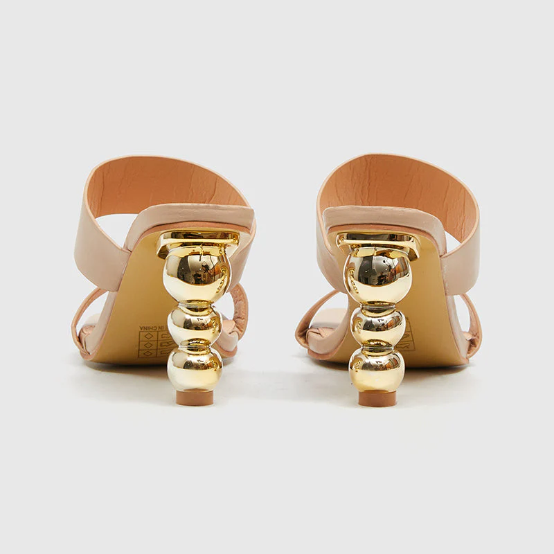 Square Toe Gourd Heeled Sandals Beige - Image 4