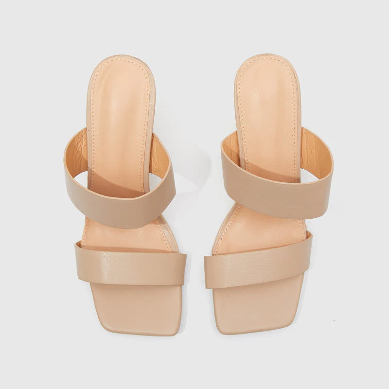 Square Toe Gourd Heeled Sandals Beige - Image 5