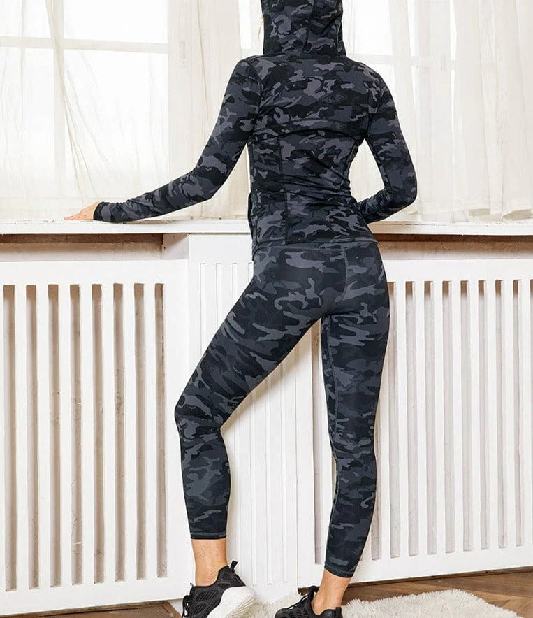 Slim Fit Sports Bra, Leggings, & Hooded Jacket- Three Piece Workout Set - Image 5