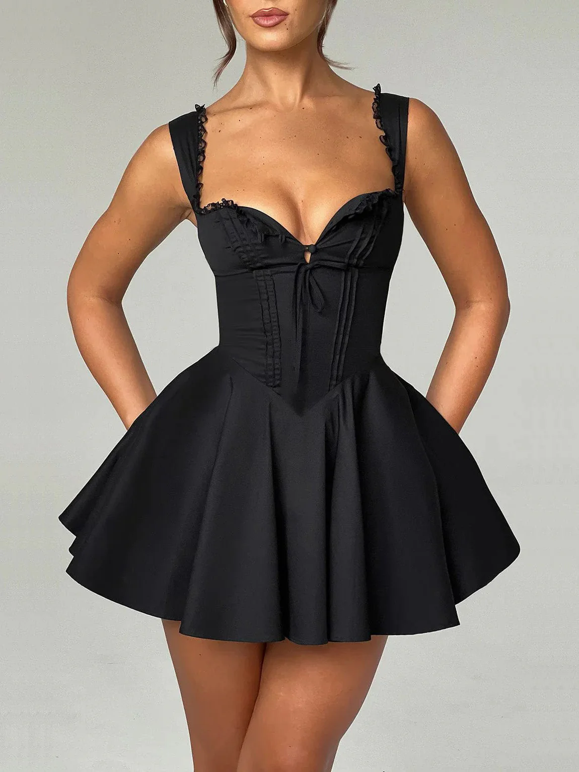 Sling Lace Halter Back Solid Color Dress - Image 3