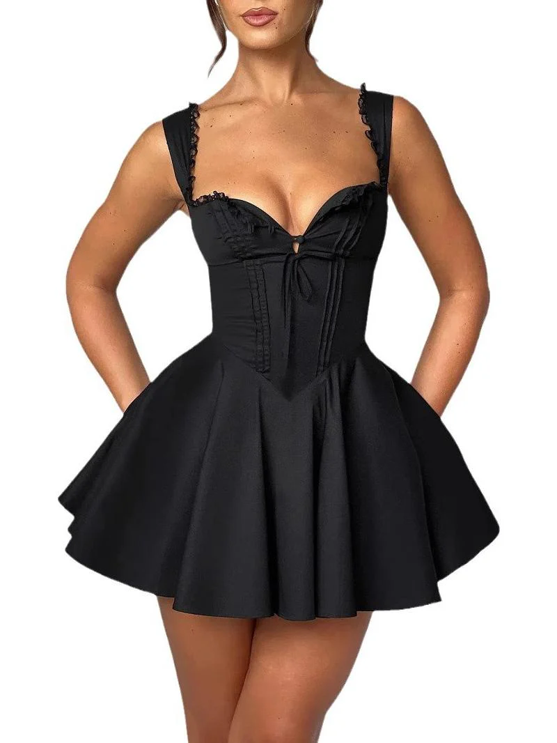 Sling Lace Halter Back Solid Color Dress - Image 7