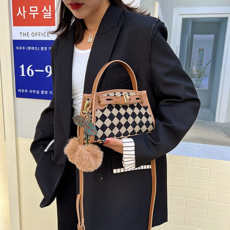 Small Checkered Handbag with Belt Clasp and Cherry Pompom - Image 2