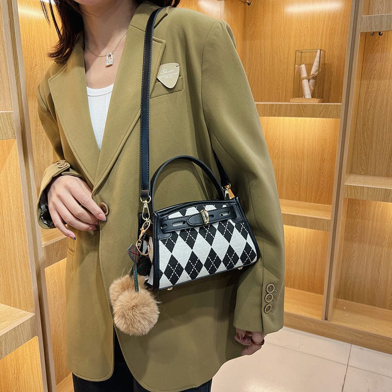 Small Checkered Handbag with Belt Clasp and Cherry Pompom - Image 3