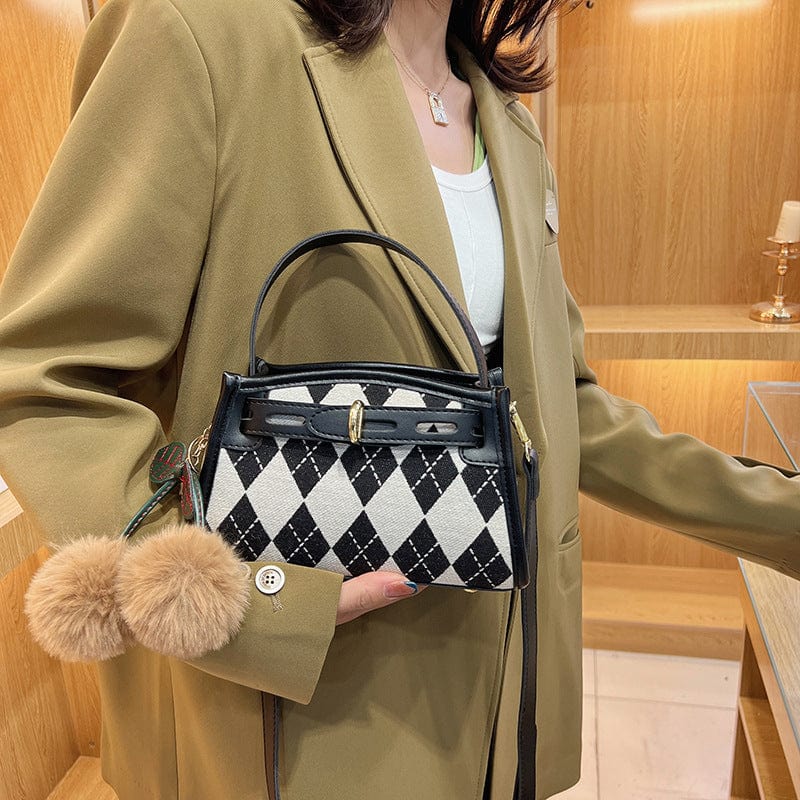 Small Checkered Handbag with Belt Clasp and Cherry Pompom - Image 4