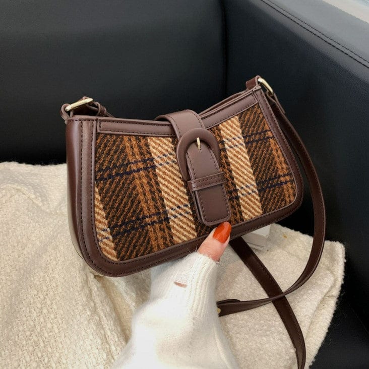 Small Plaid & Tweed Shoulder Bag with Belt Clasp - Image 10