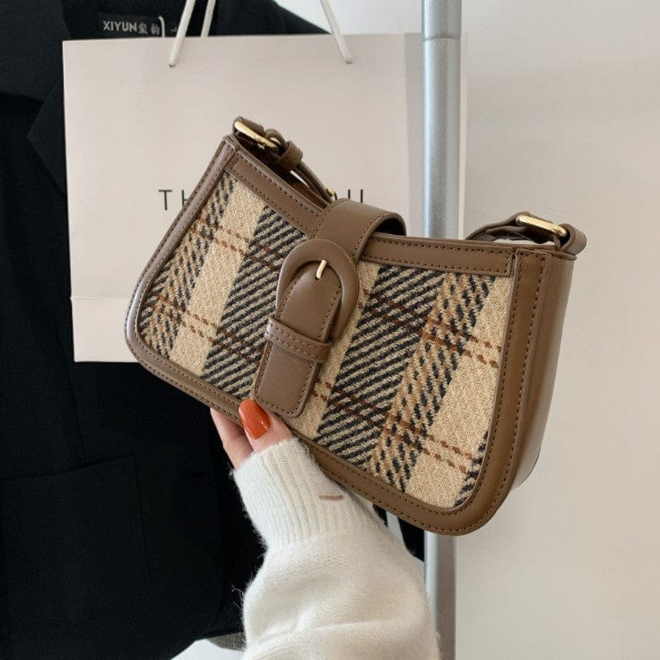 Small Plaid & Tweed Shoulder Bag with Belt Clasp - Image 13
