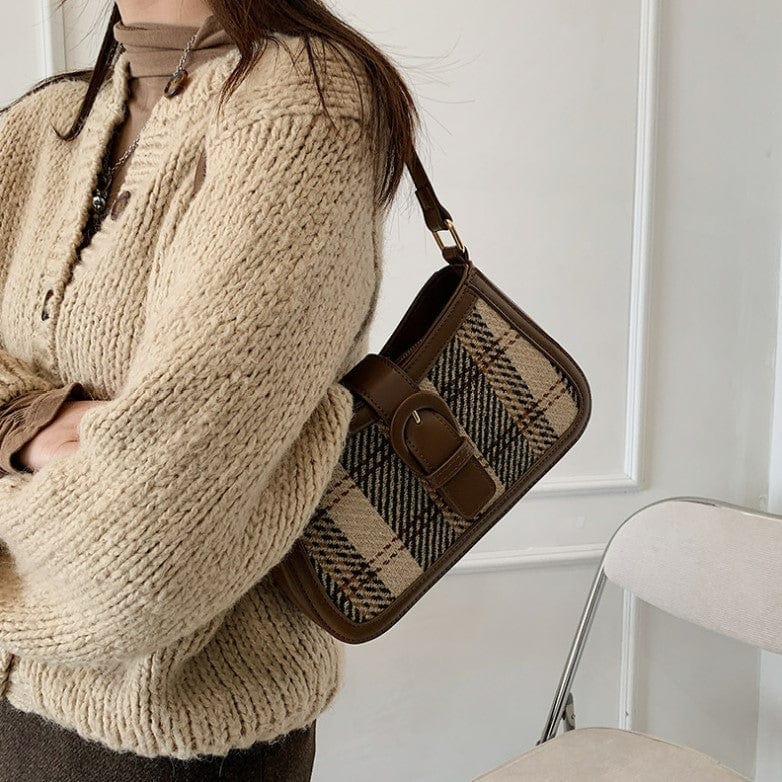 Small Plaid & Tweed Shoulder Bag with Belt Clasp - Image 14