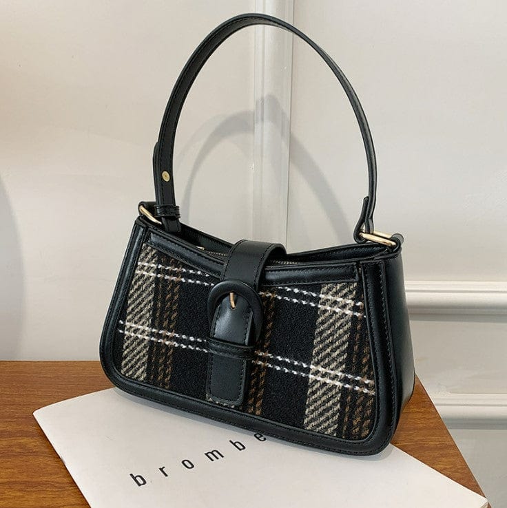 Small Plaid & Tweed Shoulder Bag with Belt Clasp - Image 6