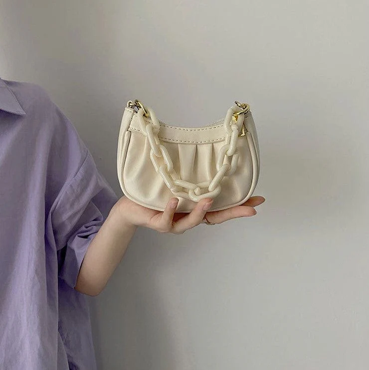 Small Ruched Faux Leather Shoulder Bag with Chain Strap - Image 3