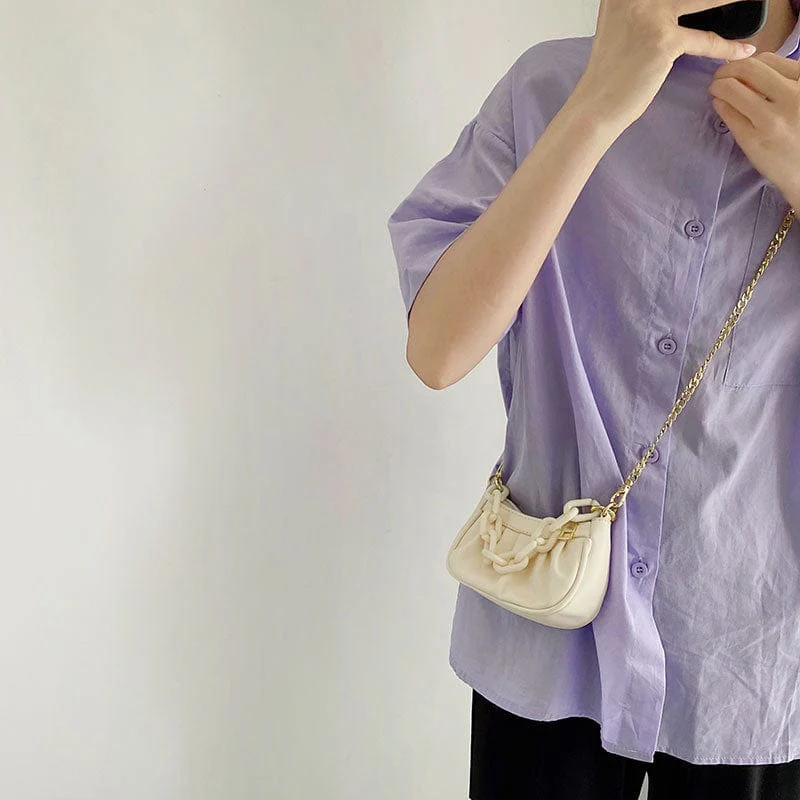 Small Ruched Faux Leather Shoulder Bag with Chain Strap - Image 4