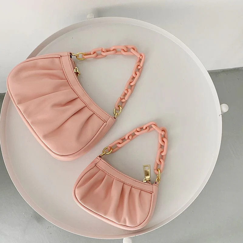 Small Ruched Faux Leather Shoulder Bag with Chain Strap - Image 9