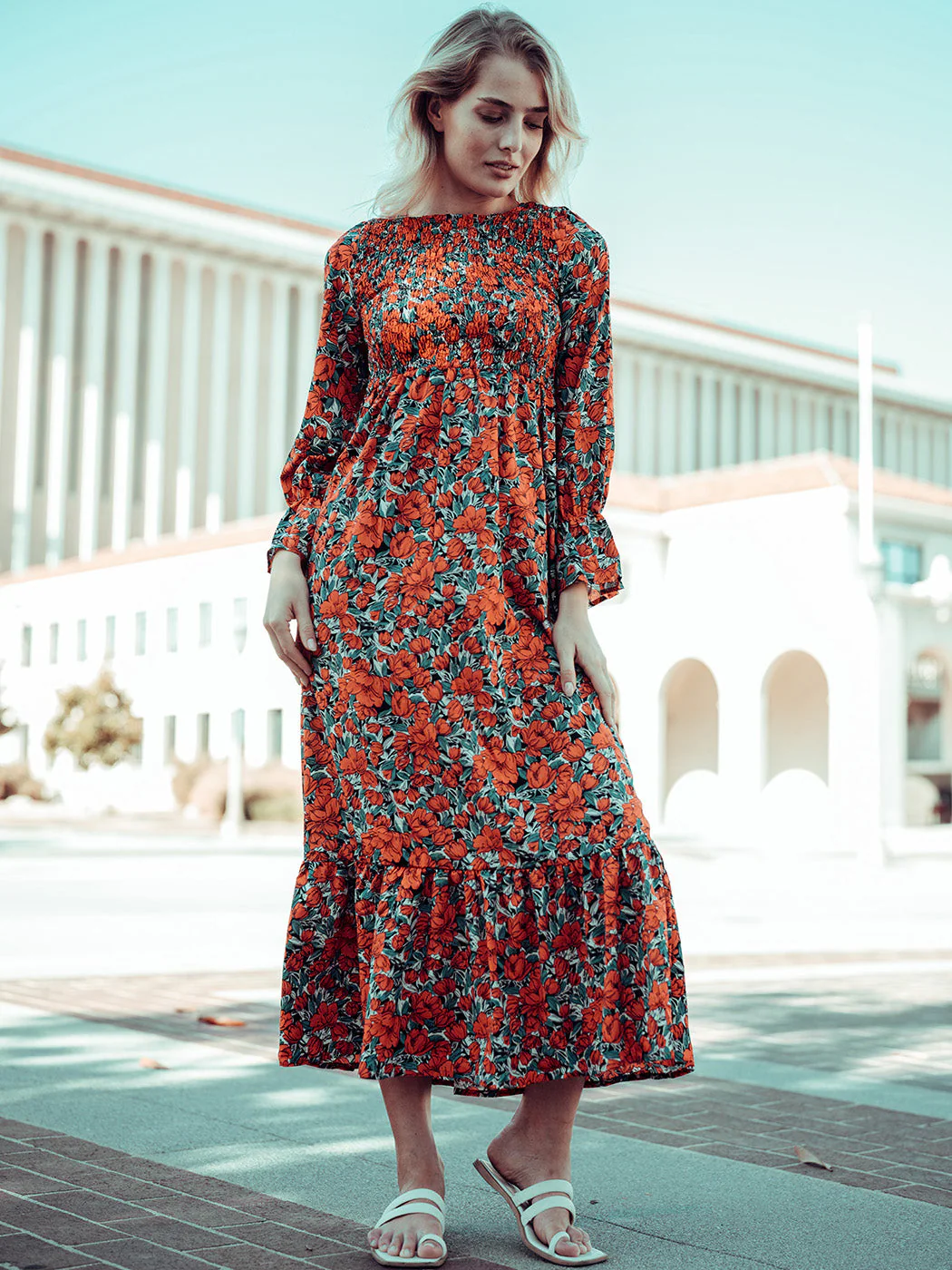Smocked Chest Floral Dotted Dress - Image 11