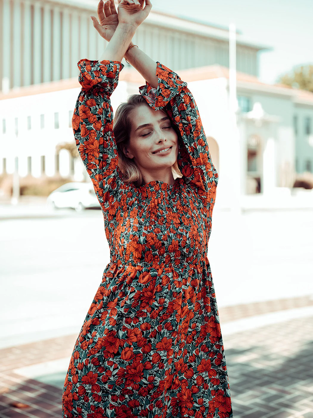 Smocked Chest Floral Dotted Dress - Image 13