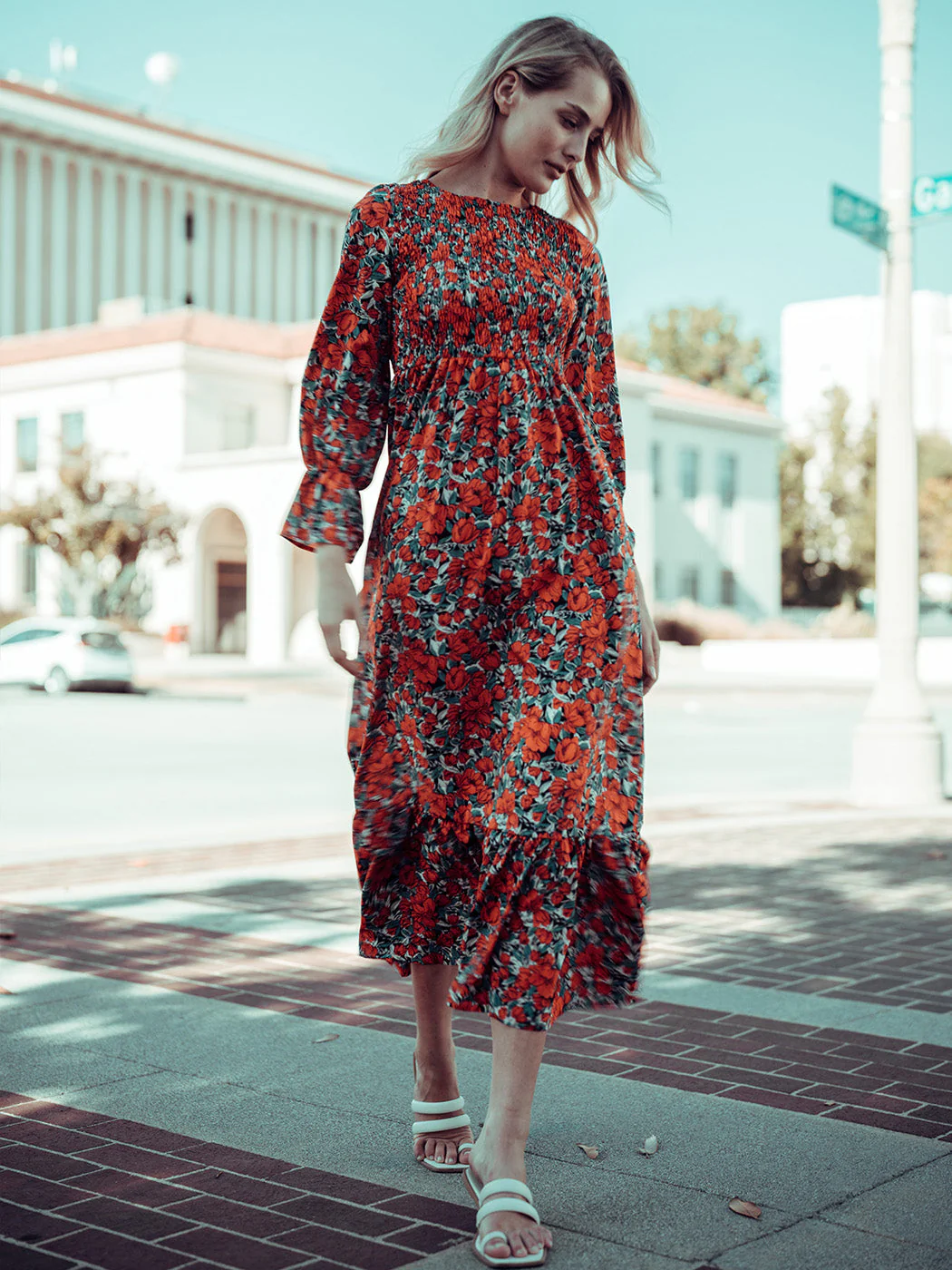 Smocked Chest Floral Dotted Dress - Image 14