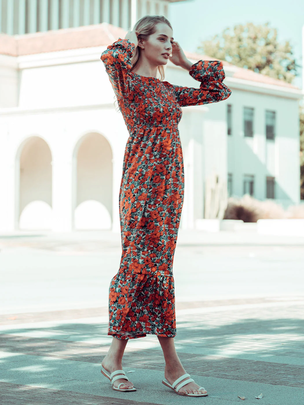 Smocked Chest Floral Dotted Dress - Image 15