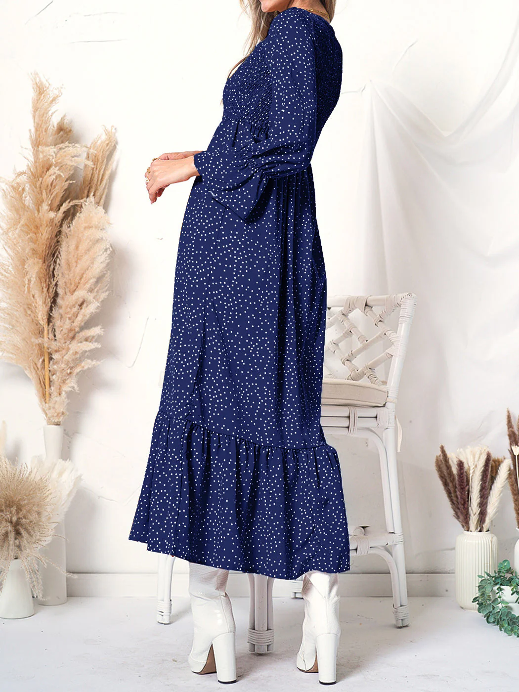 Smocked Chest Floral Dotted Dress - Image 7