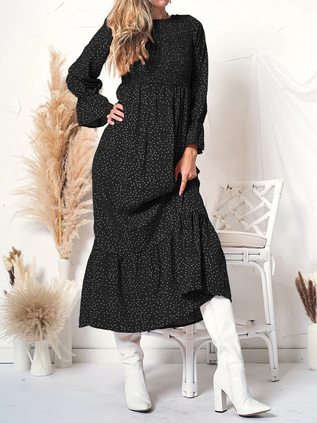 Smocked Chest Floral Dotted Dress - Image 9