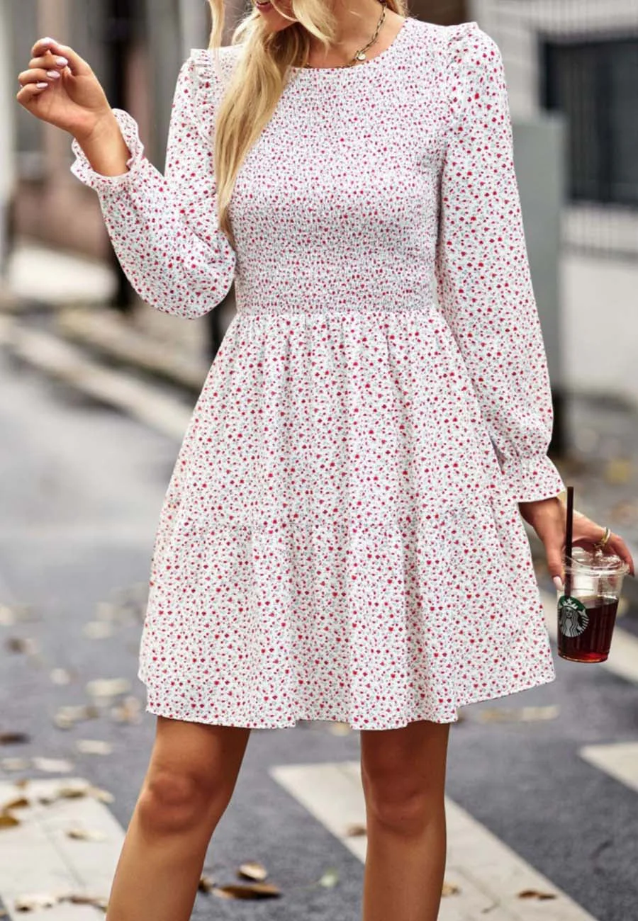 Smocked Chest Long Sleeve Floral Dress - Image 2