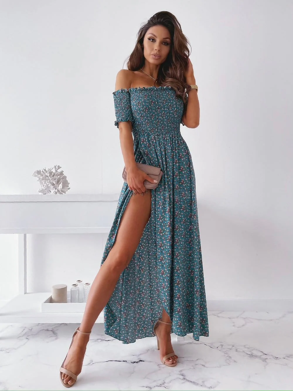 Smocked Wrap Off-Shoulder Maxi Dress - Image 4