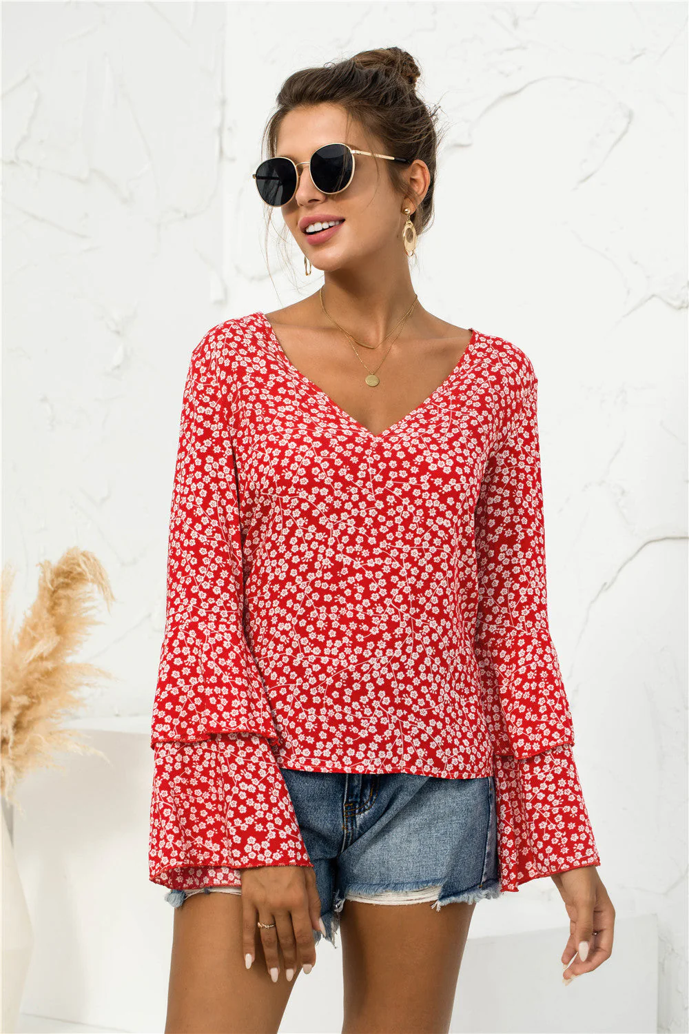 Soft Daisy V-Neck Bell Sleeve Blouse - Image 10