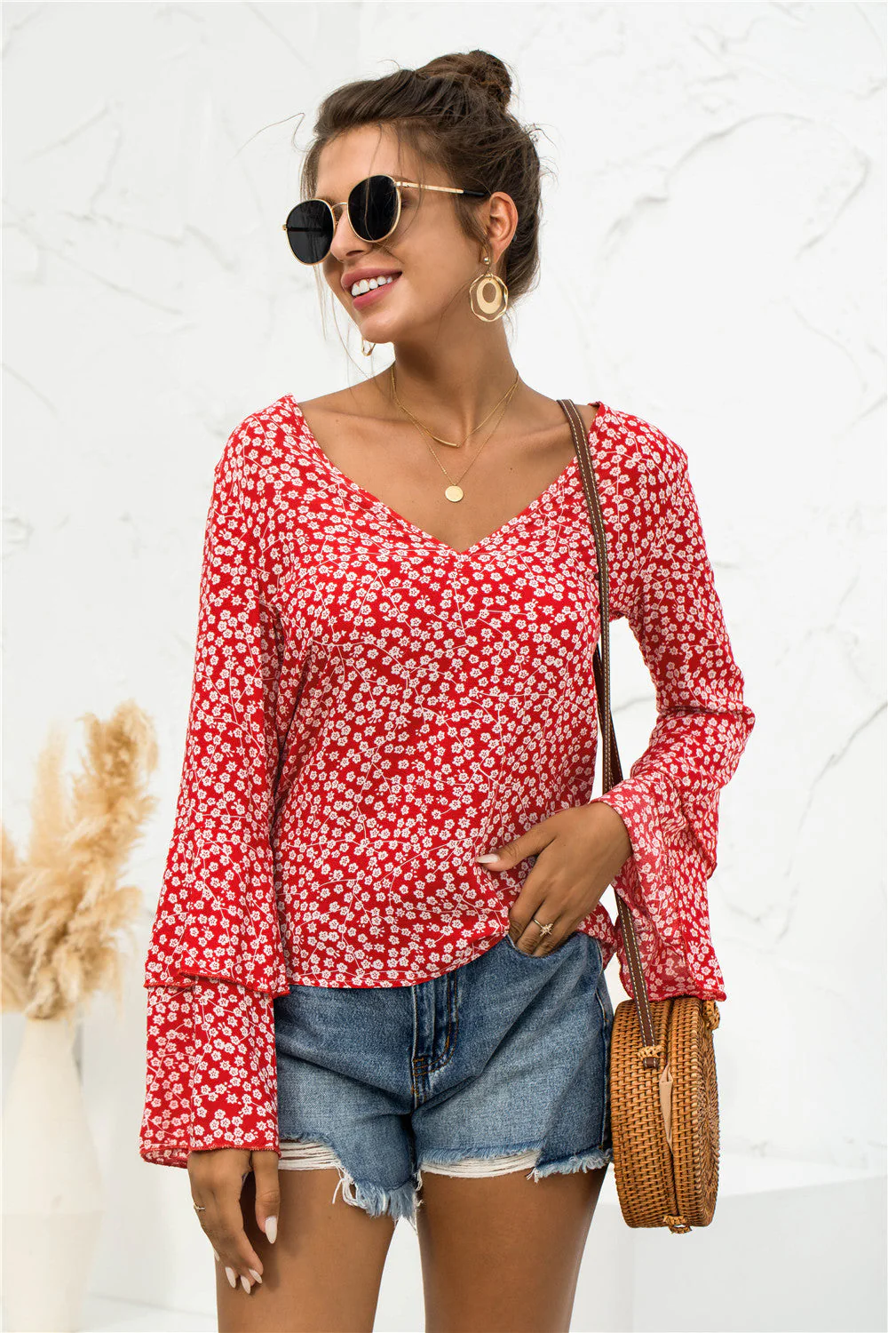 Soft Daisy V-Neck Bell Sleeve Blouse - Image 11