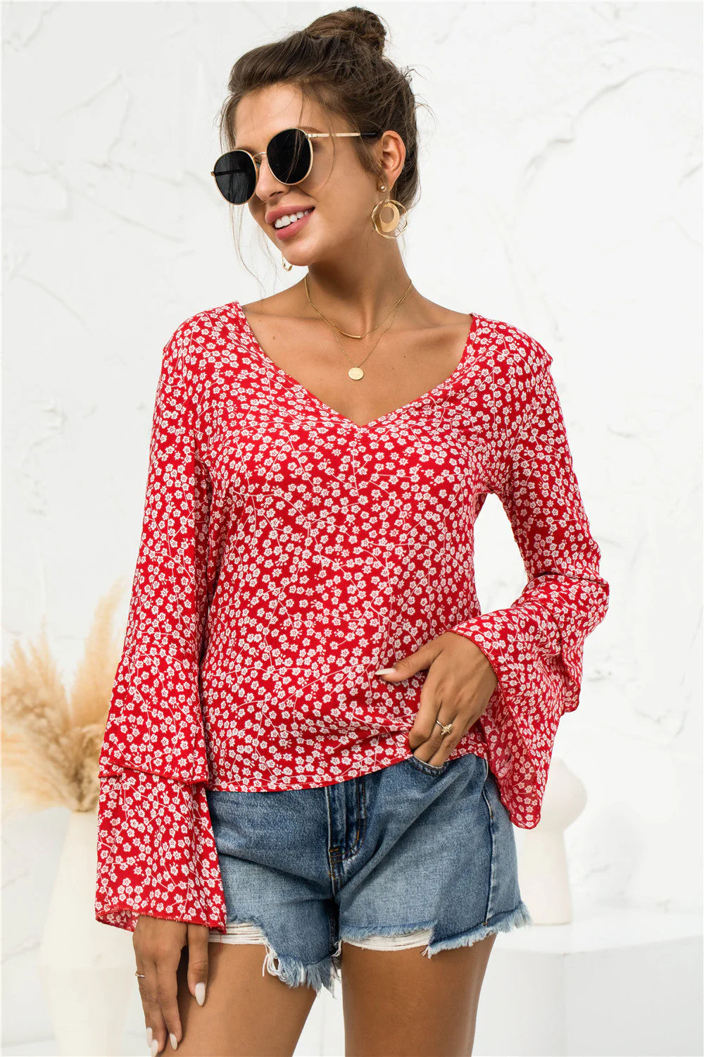 Soft Daisy V-Neck Bell Sleeve Blouse - Image 12