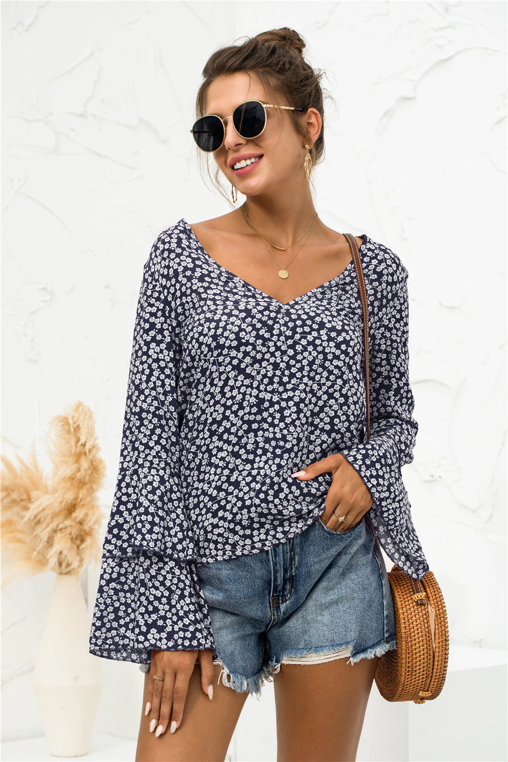Soft Daisy V-Neck Bell Sleeve Blouse - Image 2