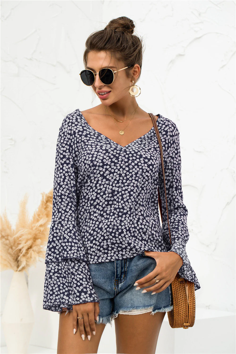 Soft Daisy V-Neck Bell Sleeve Blouse - Image 3