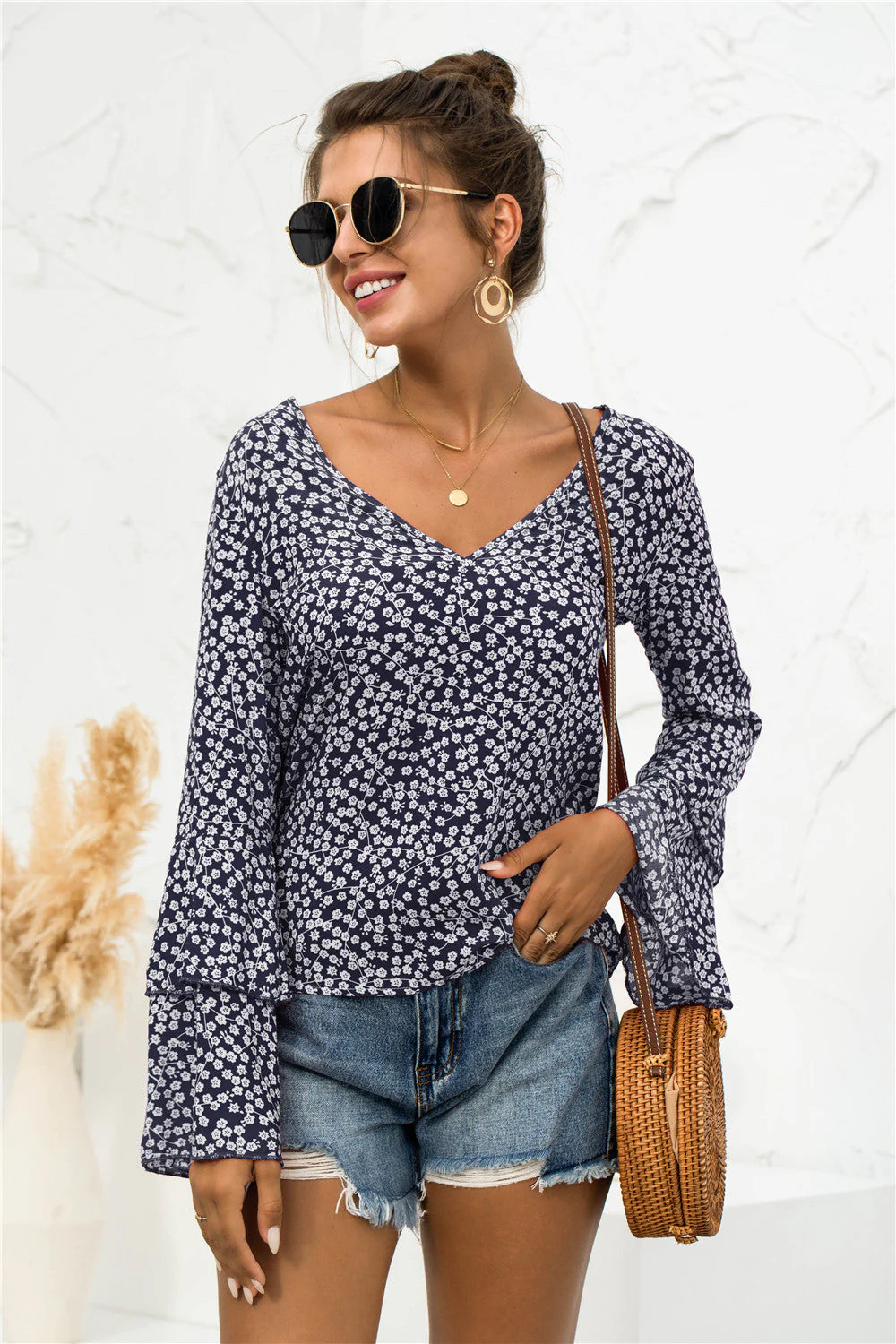 Soft Daisy V-Neck Bell Sleeve Blouse - Image 5