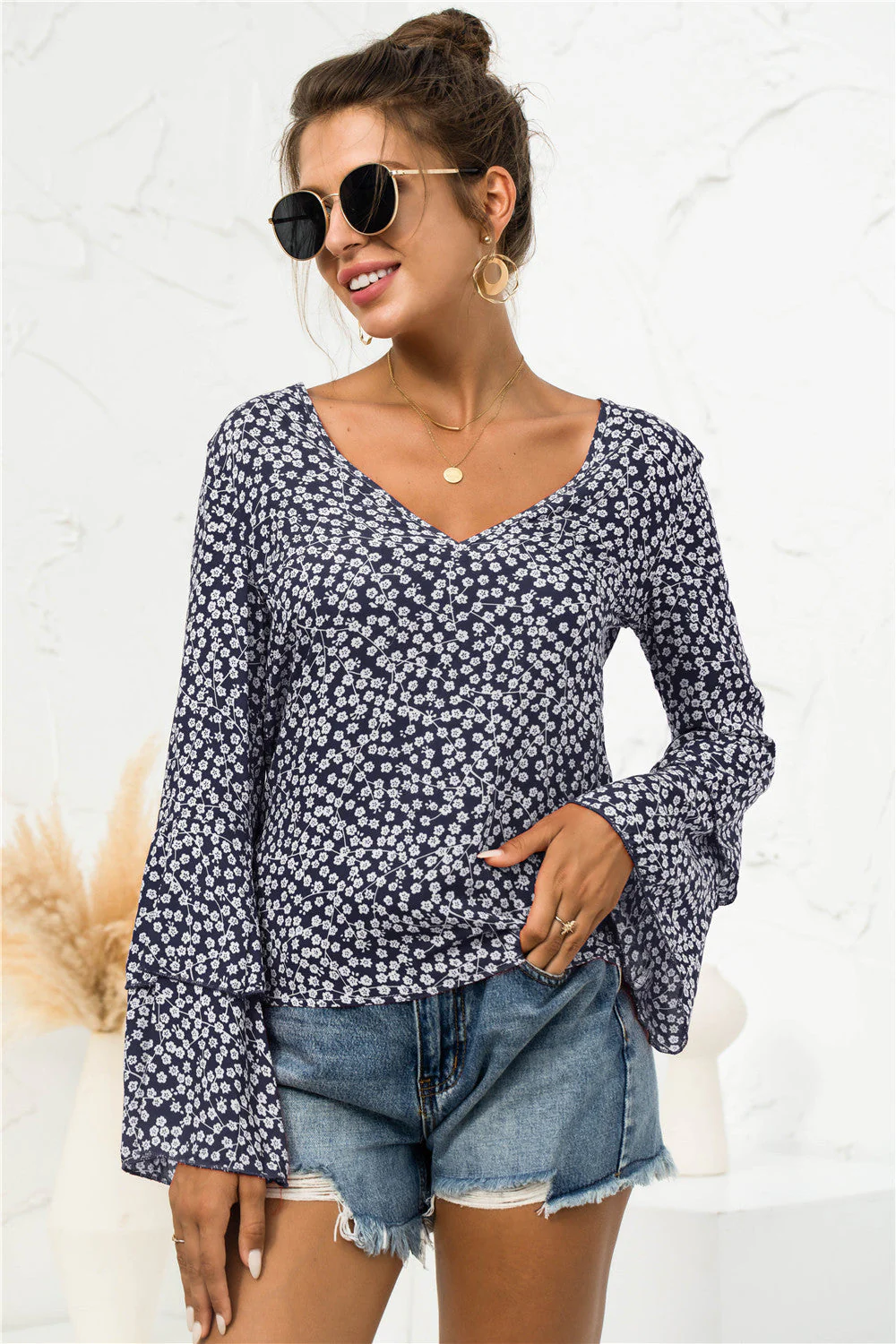 Soft Daisy V-Neck Bell Sleeve Blouse - Image 6