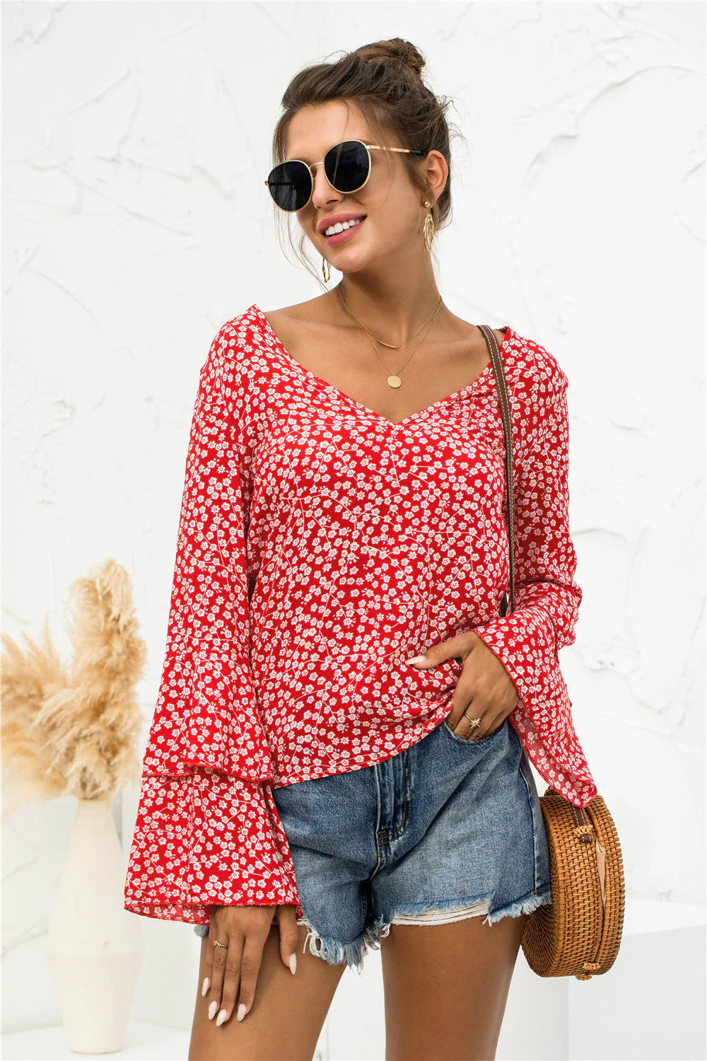 Soft Daisy V-Neck Bell Sleeve Blouse - Image 7