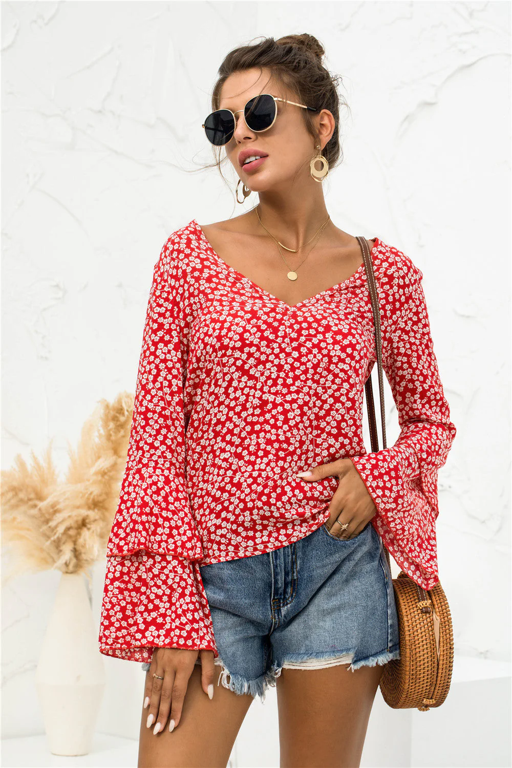 Soft Daisy V-Neck Bell Sleeve Blouse - Image 8